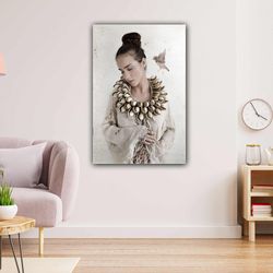 woman with shell necklace model woman roll up canvas, stretched canvas art, framed wall art painting