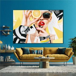 woman with yellow orange eyes eating lollipop modern roll up canvas, stretched canvas art, framed wall art painting