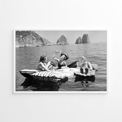 women eating pasta on lake italy black & white vintage old retro photo trendy wall art canvas canvas framed printed wall