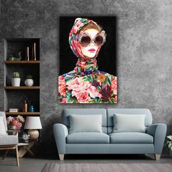 women hijab red lipstick with floral glasses covered roll up canvas, stretched canvas art, framed wall art painting