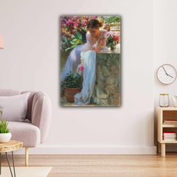 women in the garden with oil painting effect rose flower woman roll up canvas, stretched canvas art, framed wall art pai