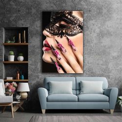 red lipstick lace mask woman floral nail polish roll up canvas, stretched canvas art, framed wall art painting