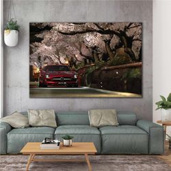 red sport car cherry tree car landscape roll up canvas, stretched canvas art, framed wall art painting