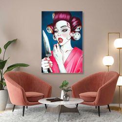 redhead model with her hair wrapped in coke bottles roll up canvas, stretched canvas art, framed wall art painting