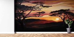 savannah tree painting, tree landscape wall print, african sunset wall painting, view wall paper, sunset landscape wall