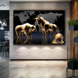 stock market gold bulls bears money economy finance office gold luxury decor roll up canvas, stretched canvas art, frame