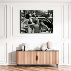 jane birkin drinking wine in paris poster black and white retro vintage singer actress fashion photography canvas frame