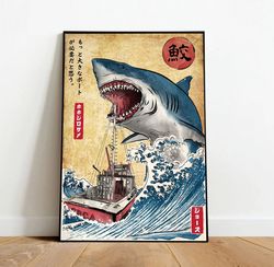 japanese jaws art poster, canvas wall art, rolled canvas print, canvas wall print, movie poster