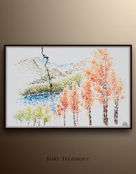 beautiful painting 60 extra large oil painting warm and cold tones, oil on canvas, trees, mountains and lake - by koby f