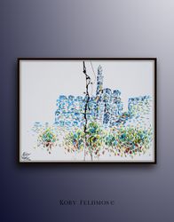 king david tower 40, jerusalem israel , oil on canvas, thick layers, blue green colors,  by koby feldmos