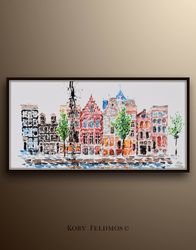 painting netherlands 55 amsterdam buildings cityscape skyline cityscape original oil painting on canvas, thick layers, b