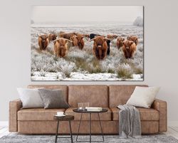 Highland Cow print art Scottish Cow wall art Multi panel canvas Highland cow herd in the snow Winter Farmhouse decor