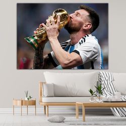 messi kissing world cup canvas, football wall art, world cup canvas, fifa world cup qatar 2022,world cup photography on