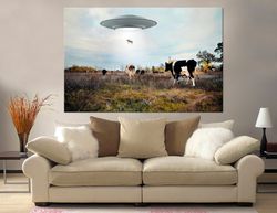 ufo and cows canvas print ufo wall art funny print cow ufo spooky decor large canvas art retro home decor