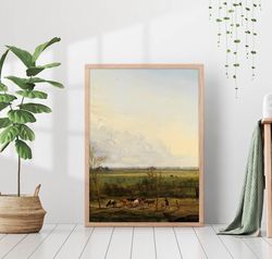 vintage field autumn landscape rustic cabin antique painting countryside forest retro wall art decor canvas frame printe