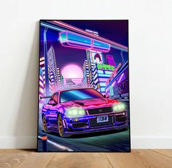 nissan skyline r-34 poster, sports car wall art, car wall decor, rolled canvas print, gifts for car wall art decor-1