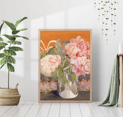 peonies dark flower bouquet painting canvas moody botanical print poster framed wall art rustic room farmhouse decor vin