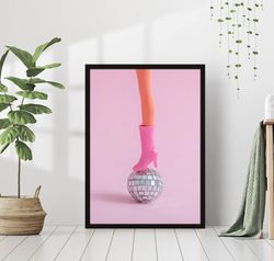 pink aesthetic disco ball barbie print retro poster club fashion dance party canvas framed printed preppy trendy funky b