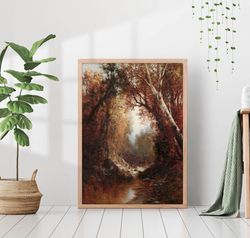 rustic autumn park landscape vintage painting cabin farmhouse retro wall art decor canvas framed printed poster lady ora