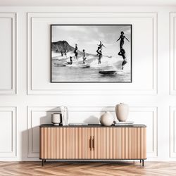 vintage surfers poster california retro car ocean beach surfers summer black & white photography coastal wall art decor