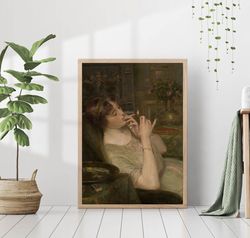 woman smoking cigarette breakfast vintage portrait canvas print poster framed painting retro antique aesthetic minimalis