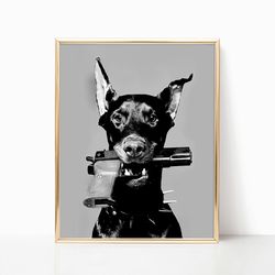 doberman dog gun print black and white animal old retro luxury vintage fashion photography canvas framed printed trendy