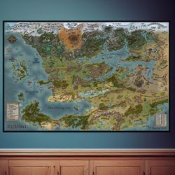 dungeons and dragons forgotten realms faerun map poster, canvas wall art, rolled canvas print, canvas wall print, fantas