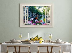 3d window view of the canals in amsterdam printed on canvas, pink geranium flowers open window canvas art, ready to hang