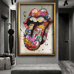 lip graffiti art, sexy lip wall decor, street art canvas painting, wall art canvas, canvas print, ready to hang wall pri