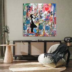 banksy balloon girl, canvas street art, girl with balloon, banksy canvas wall art, banksy print, banksy love red balloon