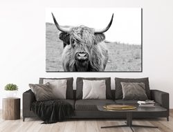 farmhouse decor black white print highland cow canvas print rustic wall decor animal canvas scottish cow art