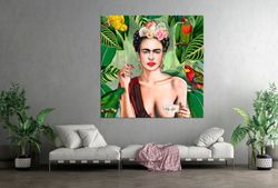 feminist canvas cup of tea & cigarette frida art prints birds jungle canvas wall art smoking  woman art modern living ro