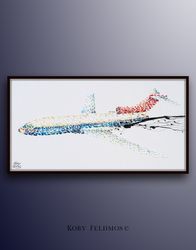 67, large impressive painting, airliner, jet, plane impressive artwork, original oil painting on canvas by koby feldmos