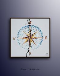 abstract compass 35 original oil painting with thick texture, beautiful looks, blue tones, modern art by koby feldmos