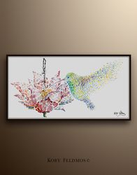 abstract hummingbird 55 beautiful textured bird hovering above a flower , original oil painting by koby feldmos