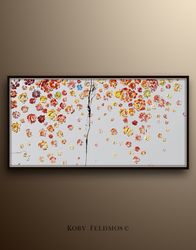 abstract painting 55 curtain of flowers , heavy texture red painting, by koby feldmos