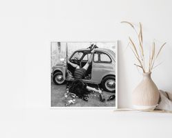 drunk hangover girl in vintage car funny black and white retro photography party fashion canvas framed poster printed ba