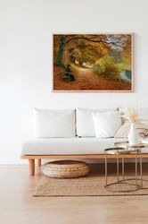 rustic autumn forest moody landscape vintage painting cabin farmhouse retro wall art decor canvas framed printed poster