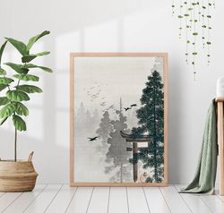 vintage japanese asian lake pines scenery painting canvas printed poster framed antique wall art decor trendy living roo