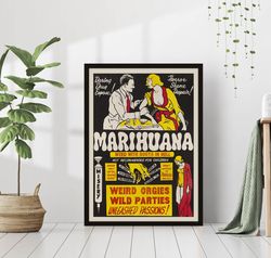 vintage marijuana movie poster smoking cannabis old illustration hemp retro pot head weed art canvas framed printed boho