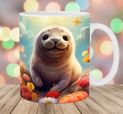 baby seal mug, 11oz & 15oz mug, mug sublimation design, ocean flowers