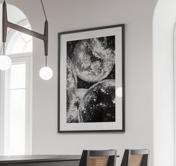 disco shining sparkling balls black and white photography, fashion poster, vintage funky poster, disco ball decor, luxur