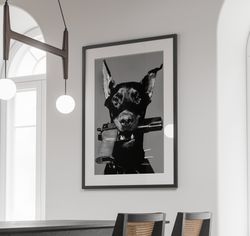 doberman gun poster, black and white fashion photography, luxury wall decor, doberman gifts, dog wall art, home decor, d