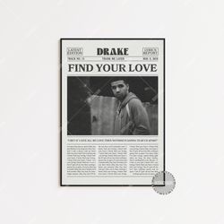 drake retro newspaper print, find your love poster, find your love lyric print, drake poster, thank me later poster,  lc