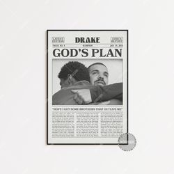 drake retro newspaper print, god's plan poster, god's plan lyric print, drake poster, scorpion poster,  lc3 less151