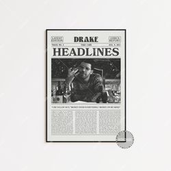 drake retro newspaper print, headlines poster, headlines lyric print, drake poster, take care poster,  lc3 less152-1