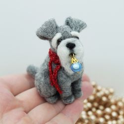 tiny needle felted schnauzer, miniature dog, christmas pet