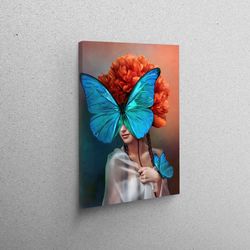 3d canvas, canvas home decor, canvas gift, surreal portrait printed, woman and peony art, butterflies art, floral wall d