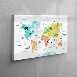 3d canvas, canvas home decor, large canvas, kids map wall art, baby room wall decor, animal map art, kids canvas poster,