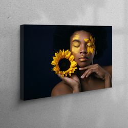 3d canvas, canvas print, large canvas, african woman and sunflower, naked woman canvas art, abstract canvas gift, africa